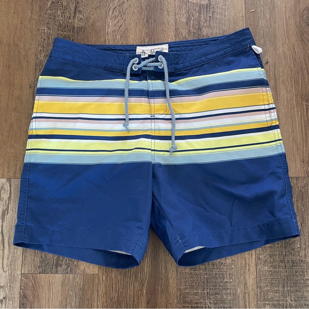 Penguin blue and yellow lined swim trunks 30